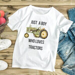 Handmade NWT Just a Boy Who Loves Tractors | Kids White Graphic Tee (XS–XL)